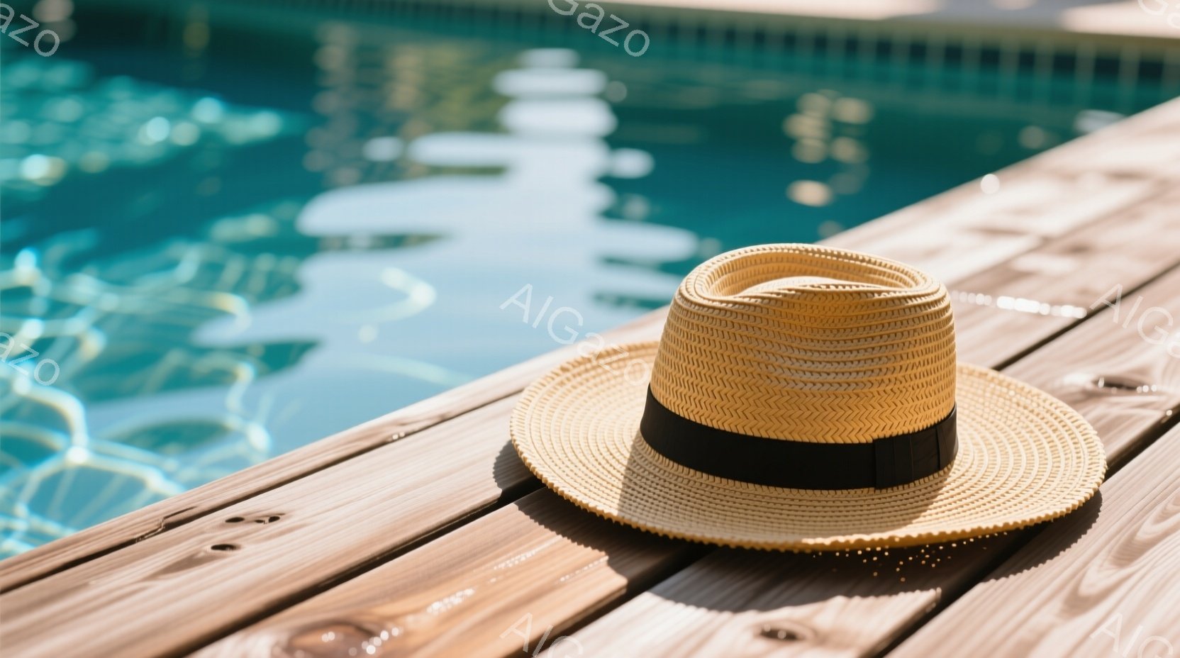 明るい木製のデッキに麦わら帽子が置かれています。帽子の周りにはプールの水が反射し、穏やかな夏の日を連想させます。全体的にリラックスした、のどかな雰囲気が漂っています。