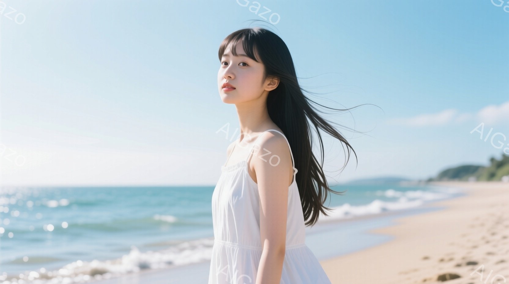 長い黒髪の女性が白いワンピースを着て砂浜を歩いている。彼女は横顔で、穏やかな表情で遠くを見つめている。背景には青い海と白い波、そして緑の丘が見え、晴れた日の穏やかな雰囲気を醸し出している。 - AI生成フリー素材