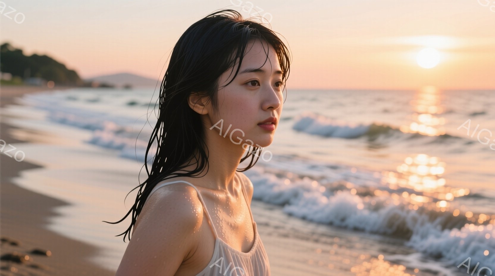 長い黒髪を濡らした若い女性が、白いキャミソールを着て砂浜に立っている。彼女は横顔で、どこか憂いを帯びた表情を浮かべている。背景には穏やかな波が打ち寄せ、夕焼け空が広がり、全体的にノスタルジックで静謐な雰囲気を醸し出している。