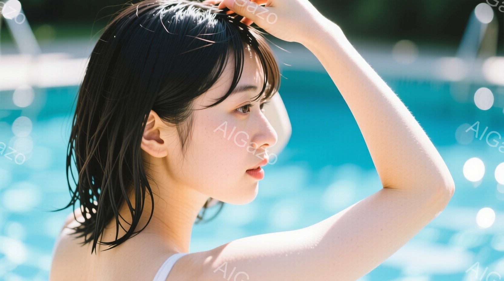 短い髪の女性が写っており、濡れた髪が肩にかかっています。彼女は白いトップスを着ており、片手を頭の横にあてて、少し横を向いて微笑んでいます。背景には青い水面が広がり、光が反射してキラキラと輝いており、夏 - AI生成フリー素材