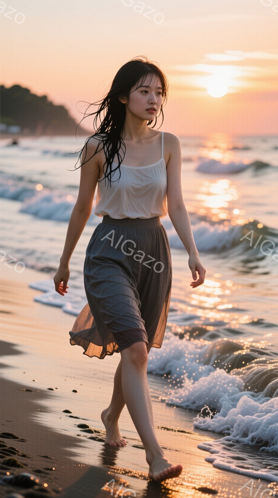 砂浜を歩く女性が写っています。彼女は白いキャミソールと、裾が揺れる灰色のロングスカートを身に着け、濡れた長い髪が風になびいています。背景は夕焼けに染まる海で、穏やかな波が打ち寄せ、温かくノスタルジックな雰囲気を醸し出しています。