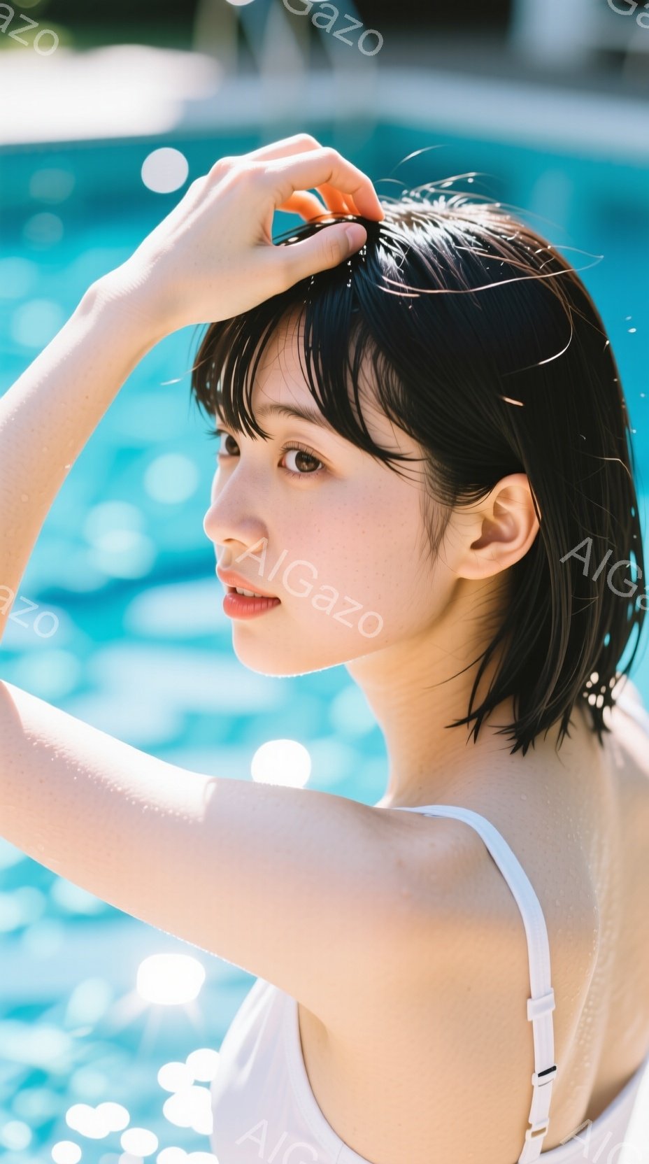 短い黒髪の女性が水中でポーズをとっています。白いストラップのビキニまたは水着を着用し、片手で髪をかき上げている様子が捉えられています。背景は水面で光が反射しており、明るく爽やかな雰囲気を醸し出しています。