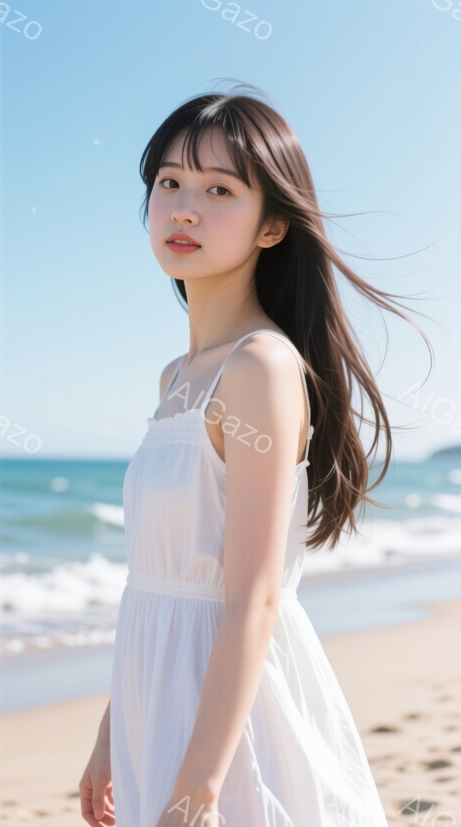 長い黒髪を風になびかせながら、白いキャミソールワンピースを着た若い女性が砂浜に立っている。彼女は少し微笑んでおり、リラックスした穏やかな表情をしている。背景には青い海と空が広がり、晴れた日の穏やかな雰囲気を醸し出している。