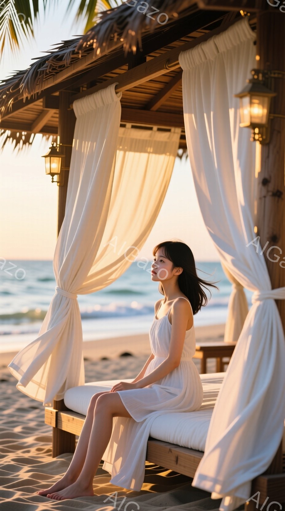 長い黒髪の女性が、白いワンピースを着て浜辺のベッドに座っています。彼女は横を向き、少し憂いを帯びた表情で遠くを見つめており、リラックスした雰囲気を漂わせています。背景には青い海と空、そして藁葺きの屋根のベッドがあり、穏やかで暖かい夕暮れの光が全体を包み込んでいます。