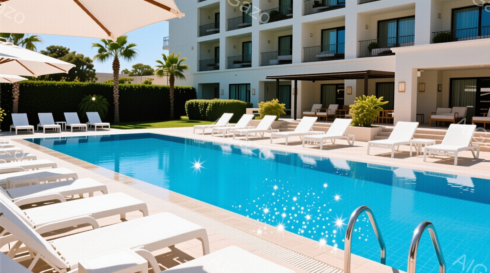 鮮やかな青色のプールが印象的な風景で、白く整然と並んだリクライニングチェアがリラックスした雰囲気を醸し出しています。背景には白い建物と緑豊かな植生が広がり、晴天の下で穏やかな時間が流れているように見え - AI生成フリー素材