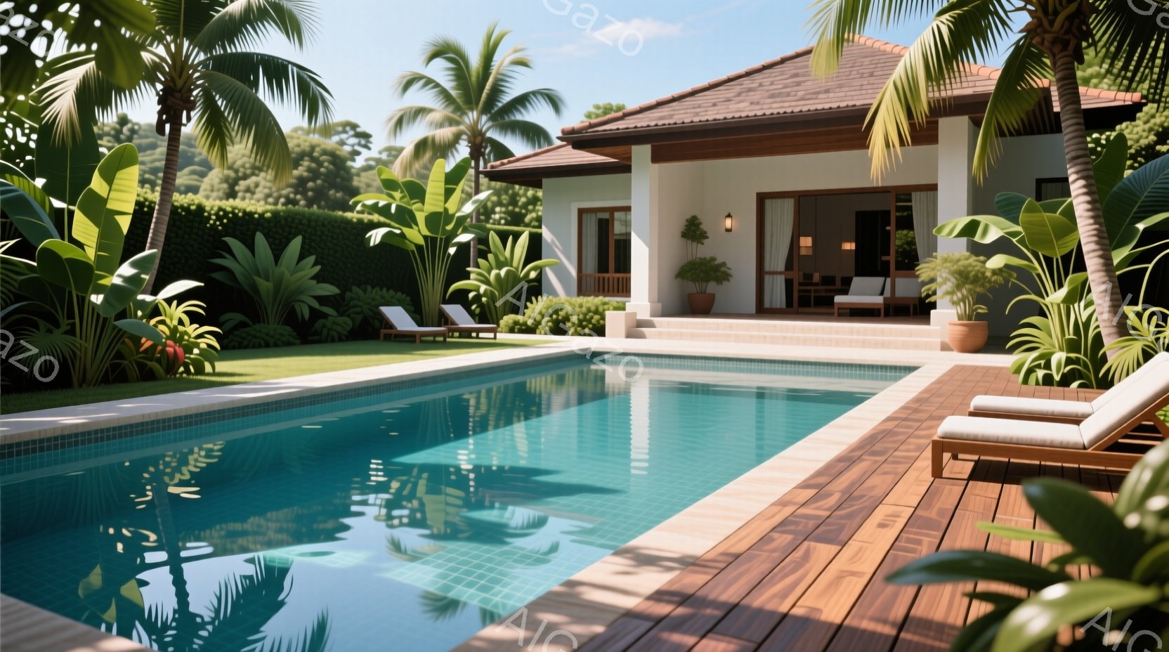 鮮やかな青色のプールが、木製のデッキと緑豊かな熱帯植物に囲まれています。背景には、白い壁と赤い屋根を持つ一軒の建物があり、穏やかでリラックスした雰囲気を作り出しています。太陽光が降り注ぎ、暖かく、静かなバカンスに最適な場所を表現しています。