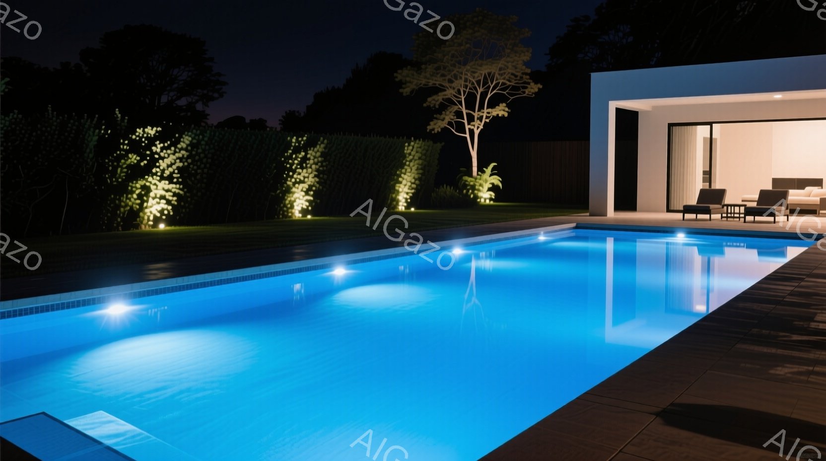 夜間のプールが印象的な光で照らされ、水面は鮮やかな青色に輝いている。プールの背景には緑豊かな生垣と、モダンなデザインの建物が見え、高級感のあるリゾート地の雰囲気を醸し出している。夜空は暗く、プールの光 - AI生成フリー素材