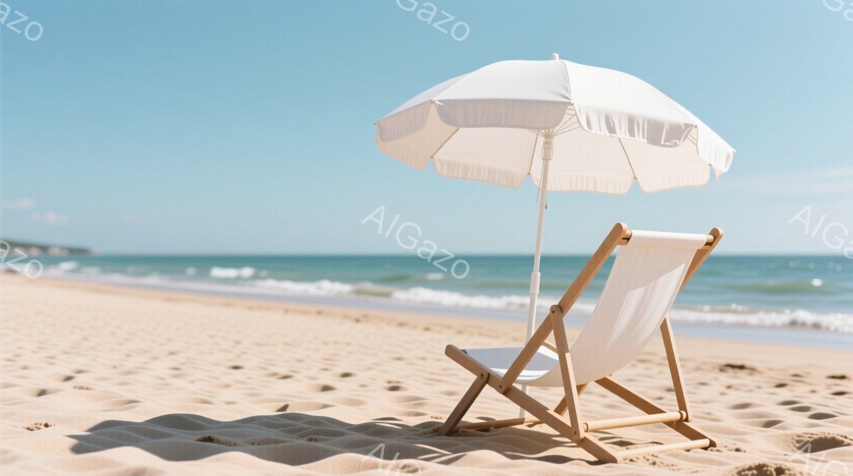 白いビーチチェアとパラソルが砂浜に置かれている。背景には穏やかな青い海と、遠くに見える緑の丘が見え、晴れた空が広がる。全体的に静かでリラックスした、夏の日の穏やかな雰囲気が漂っている。