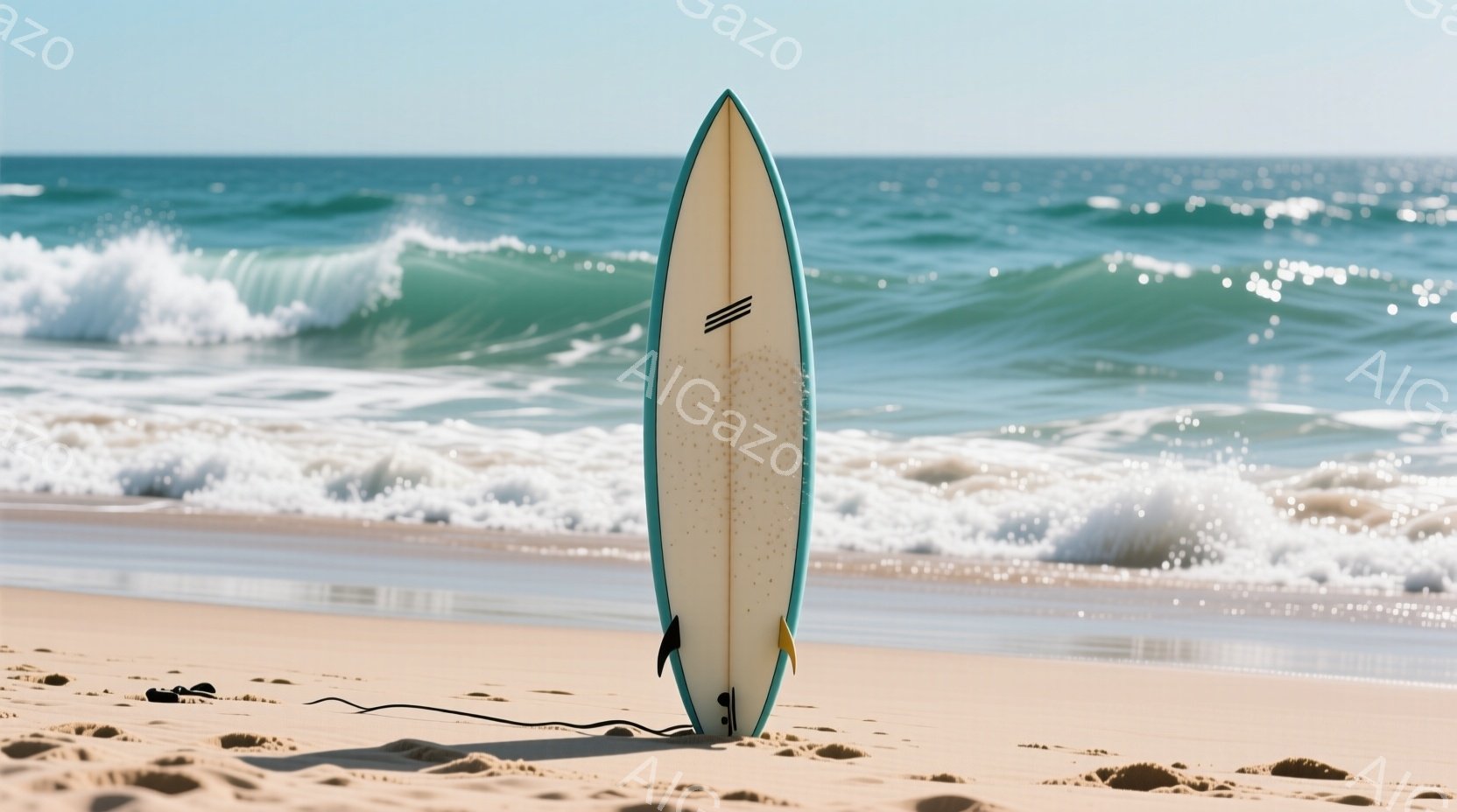 砂浜にサーフボードが一本立てられている。背景には青い海と白い波が広がり、晴天の空が広がっている。全体的に穏やかで静かな、夏の日のビーチの雰囲気が漂っている。