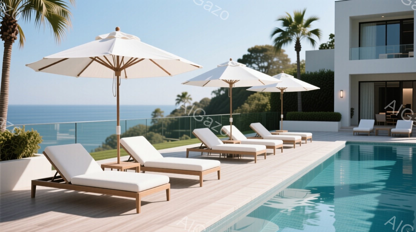 プールサイドには、木製のデッキチェアが整然と並び、それぞれに白いパラソルが立てられている。背景には、緑豊かな丘陵と青い海が広がり、モダンな白い建物がその美しさを際立たせている。全体的に、洗練されたリラックスした雰囲気で、穏やかな晴天が心地よい空間を演出している。