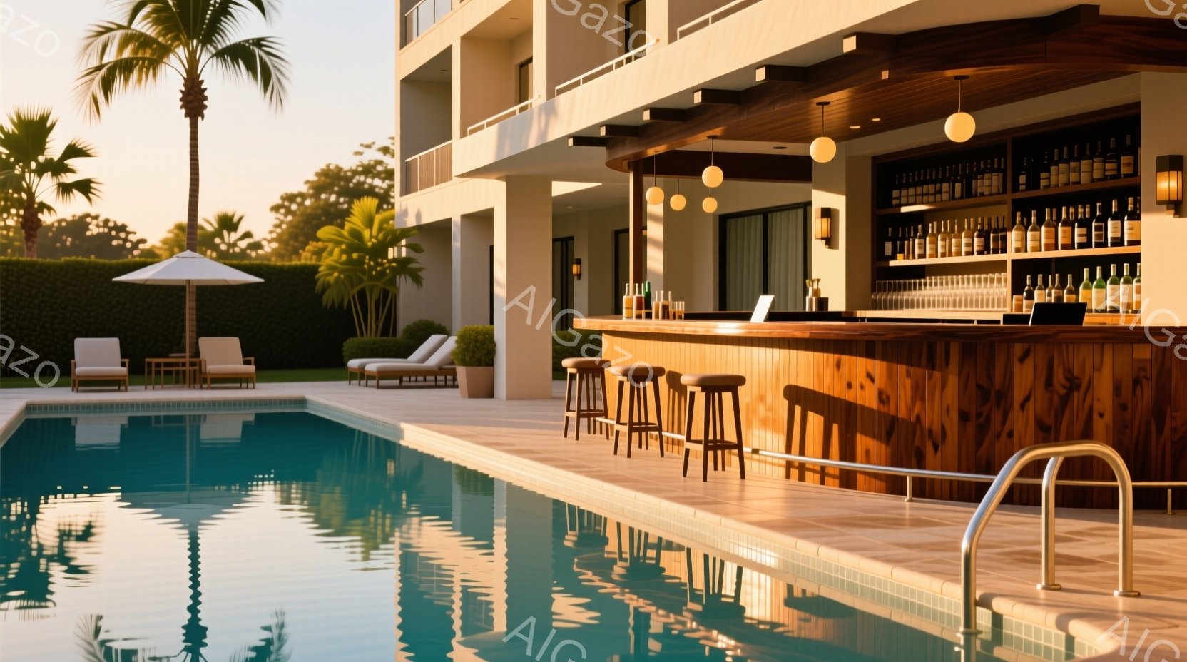 プールサイドにバーカウンターが配置されたリゾート地の風景です。水面には木々と建物が映り込み、穏やかな光が差し込んでいます。背景には白い建物と緑豊かな植生が広がり、リラックスした雰囲気を醸し出しています。