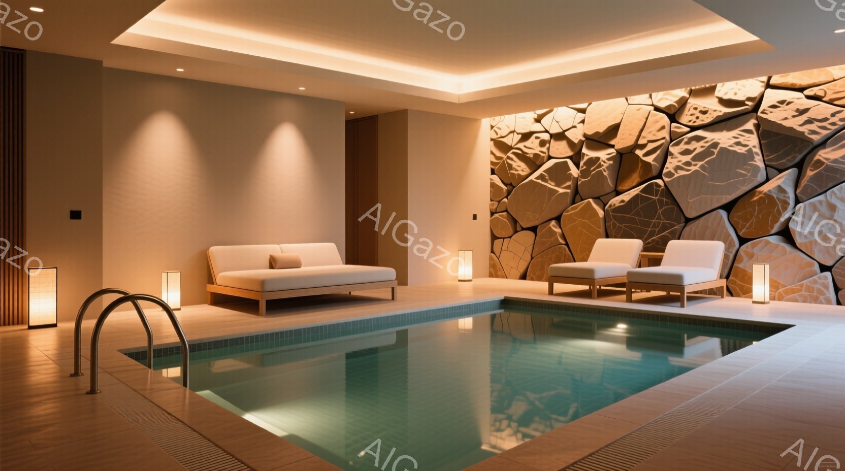 室内プールは、明るい緑色の水と、灰色のタイルで縁取られた清潔な空間です。壁は、様々なサイズの岩を模した石材で覆われ、柔らかな照明がプールサイドの白いラウンジチェアとランプを照らし出しています。全体的に、落ち着いた雰囲気で、リラックスと静寂を感じさせる空間です。