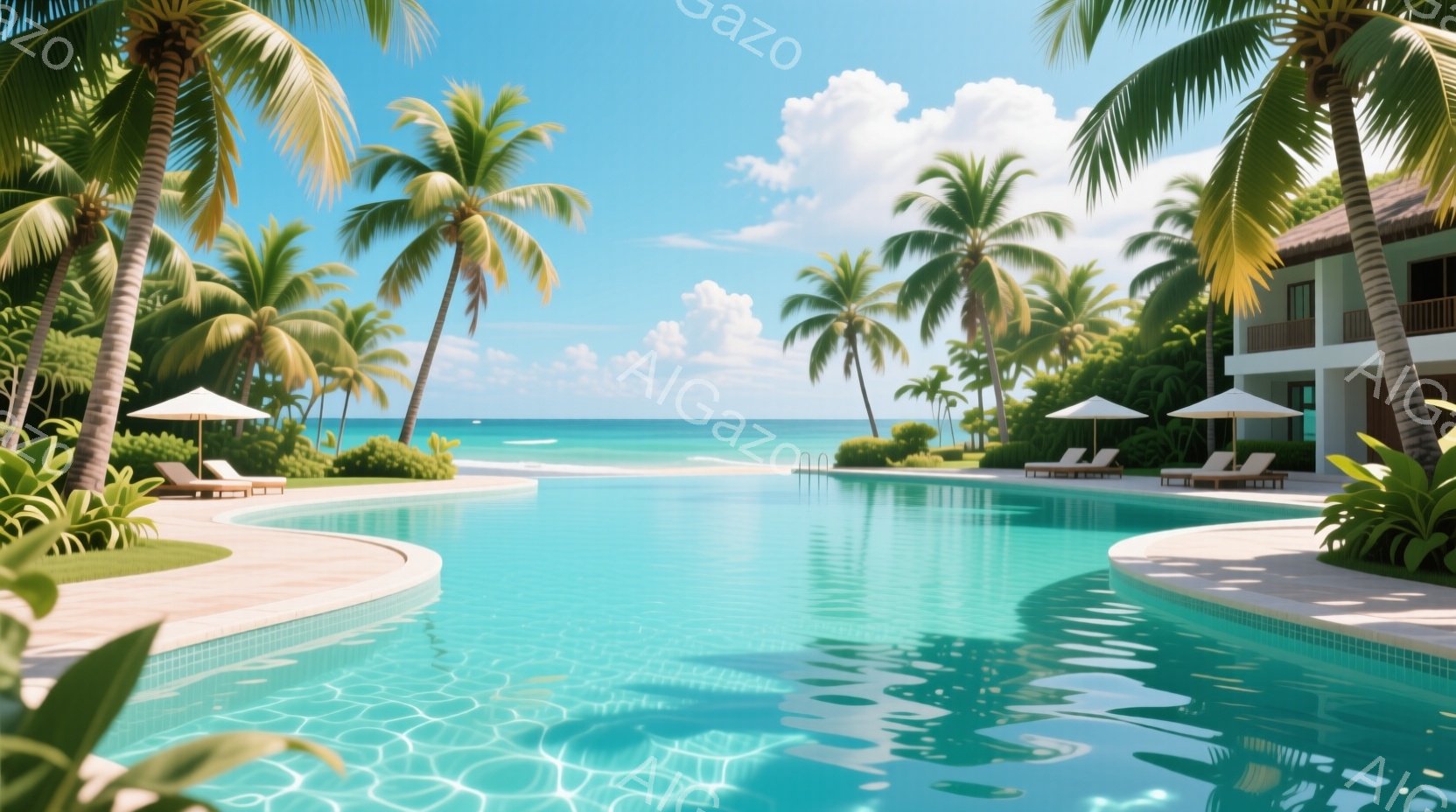 広大なプールが青い海と空の下に広がっており、リゾートホテルが背景に見える、穏やかで贅沢な光景である。ヤシの木がプールサイドを彩り、パラソルとビーチチェアが設置され、リラックスした雰囲気を醸し出している。水面は穏やかで、太陽の光を反射し、明るく爽やかな印象を与える。