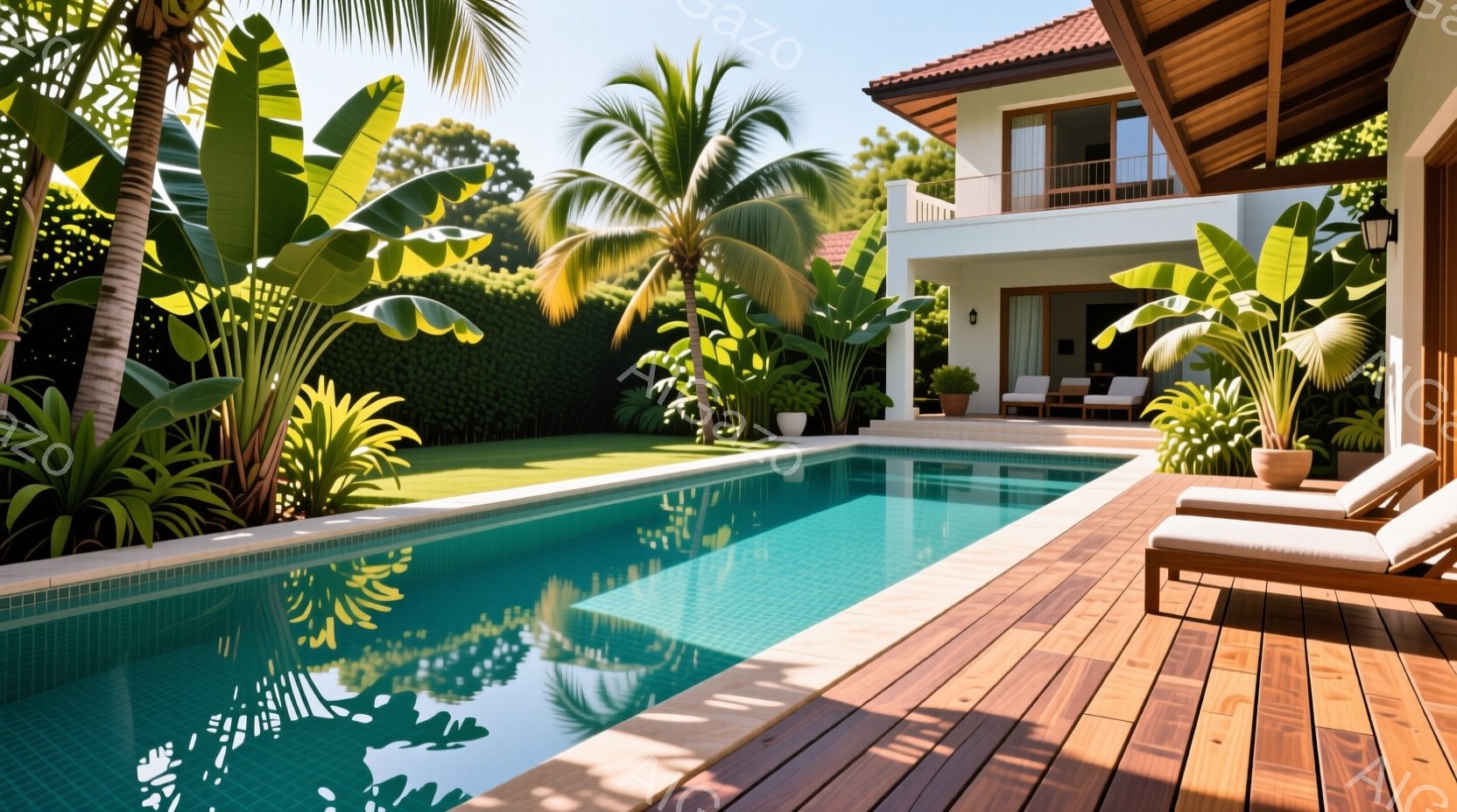 青いプールサイドには木製のデッキがあり、白いラウンジチェアが並んでいます。背景には、緑豊かな庭園と白い壁のモダンな建物が見え、ヤシの木や熱帯植物が生い茂っています。晴天で、リラックスした雰囲気の美しいリゾート地の風景です。