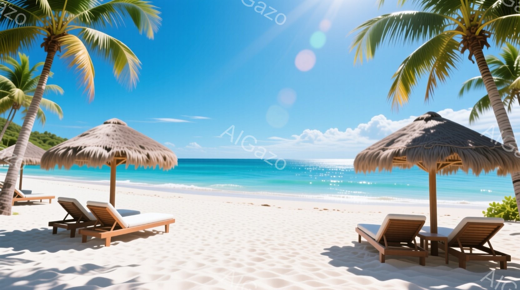 白砂のビーチに、パラソルの下には木製のデッキチェアが並べられています。ターコイズブルーの海と青空が広がり、ヤシの木が風に揺れています。全体的に穏やかでリラックスした、楽園のような雰囲気です。