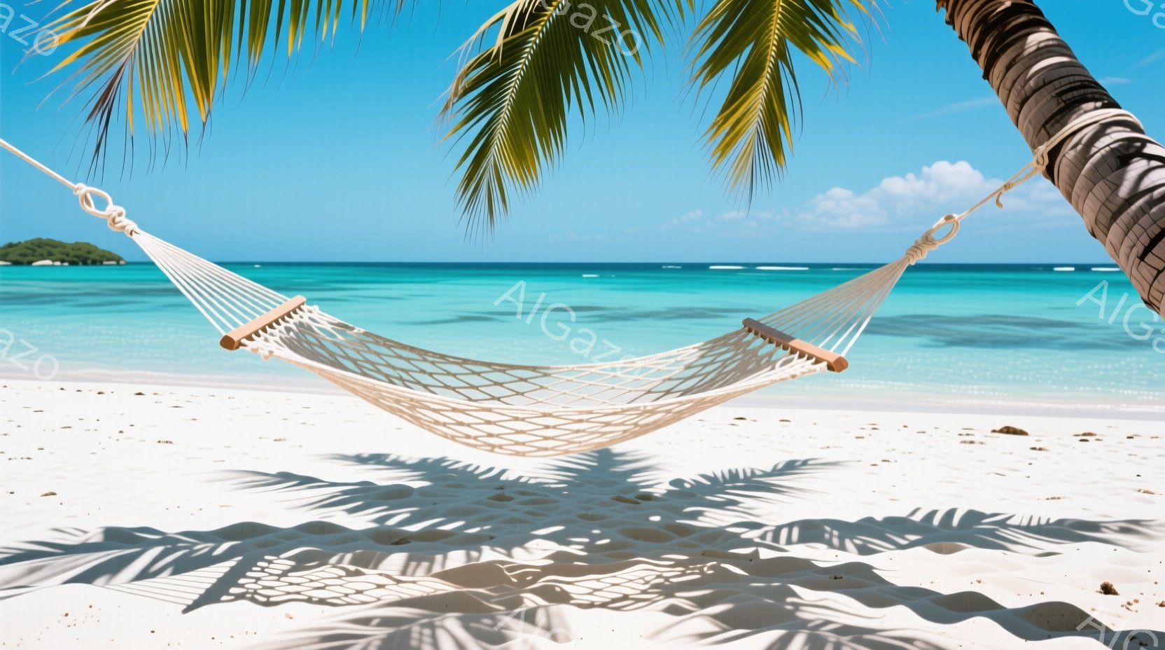 白い砂浜に吊るされた白いハンモックが印象的な風景です。ターコイズブルーの海と青空が広がり、ヤシの木の影がハンモックに落ちています。穏やかな日差しと静かな波の音が感じられ、リラックスした平和な雰囲気が漂 - AI生成フリー素材