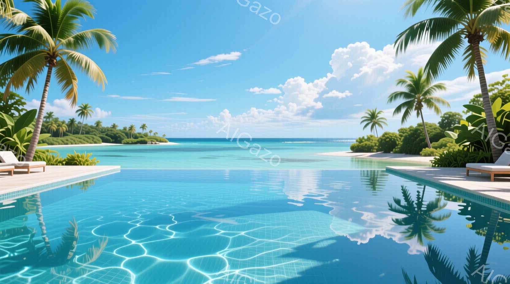 エメラルドグリーンの海と空を映し出すインフィニティプールが印象的な風景です。プールサイドには白いリクライニングチェアが置かれ、周囲には緑豊かな熱帯植物とヤシの木が生い茂っています。晴天で穏やかな波が打ち寄せ、リラックスした南国のリゾートの雰囲気を醸し出しています。