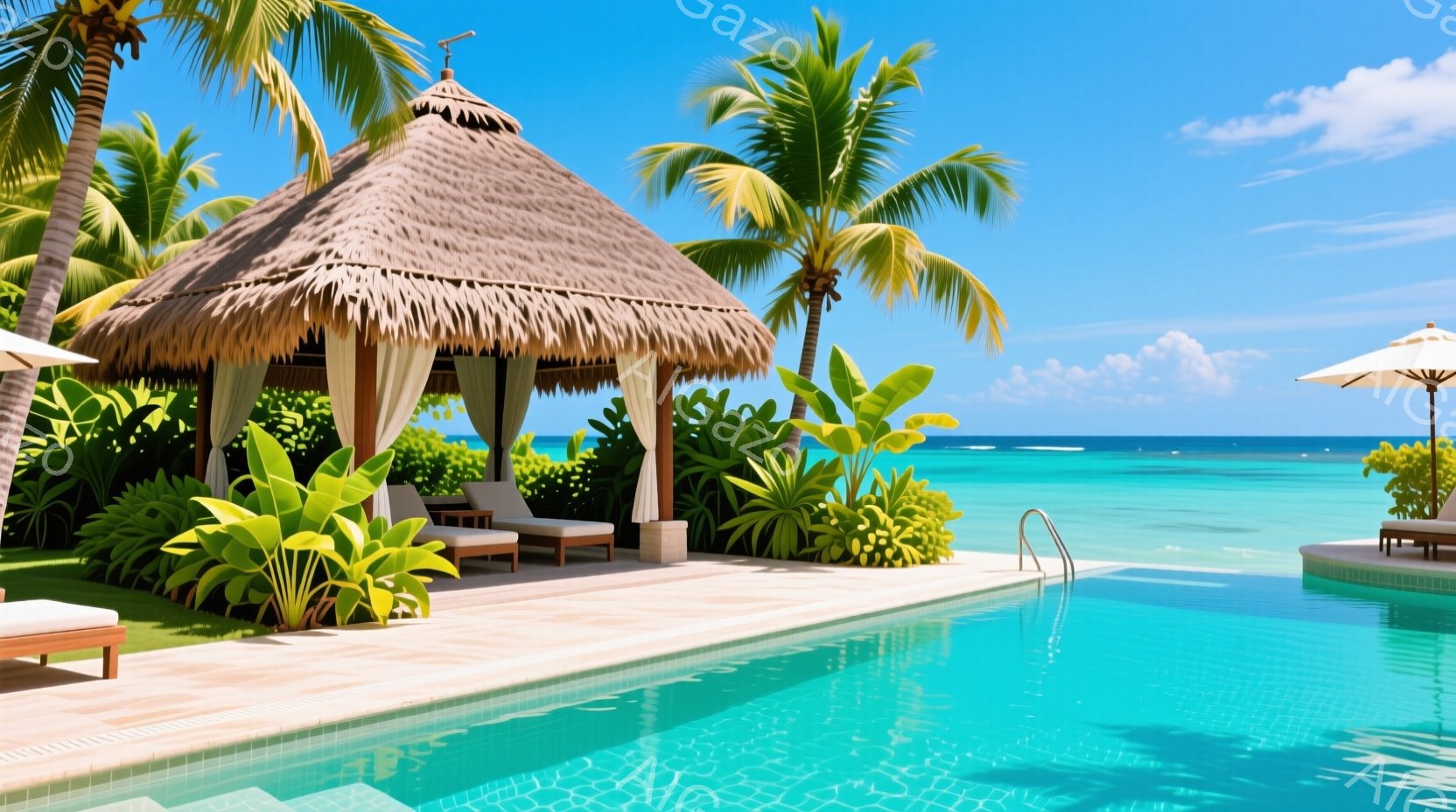 ターコイズブルーの海と白い砂浜を背景に、プールサイドに藁葺きの屋根を持つパラソル風の休憩所が建っています。明るい日差しが降り注ぎ、緑豊かな植物が生い茂り、リゾートの優雅で穏やかな雰囲気を醸し出しています。プールの水面は穏やかで、完璧なリラックスと休暇の風景を描いています。