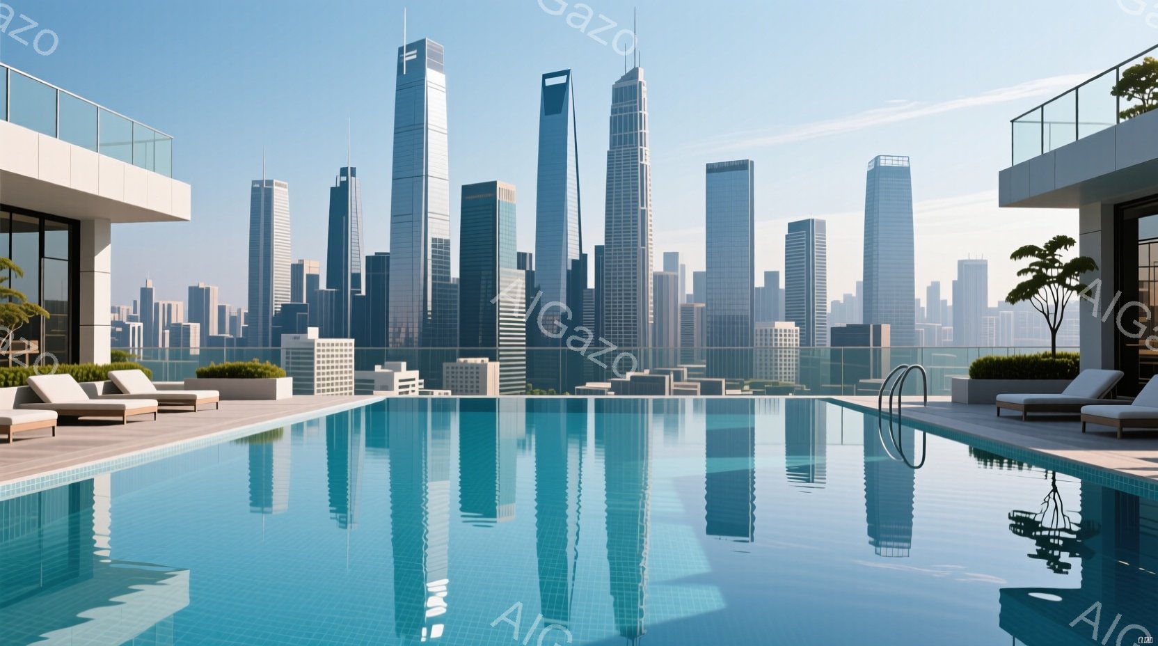 屋上プールから見上げる高層ビル群が印象的な風景です。プールの水面には建物が映り込み、まるで鏡のような美しい光景を作り出しています。天候は晴れで、背景にはぼんやりと山々が見え、都会の中のオアシスのような雰囲気が漂っています。
