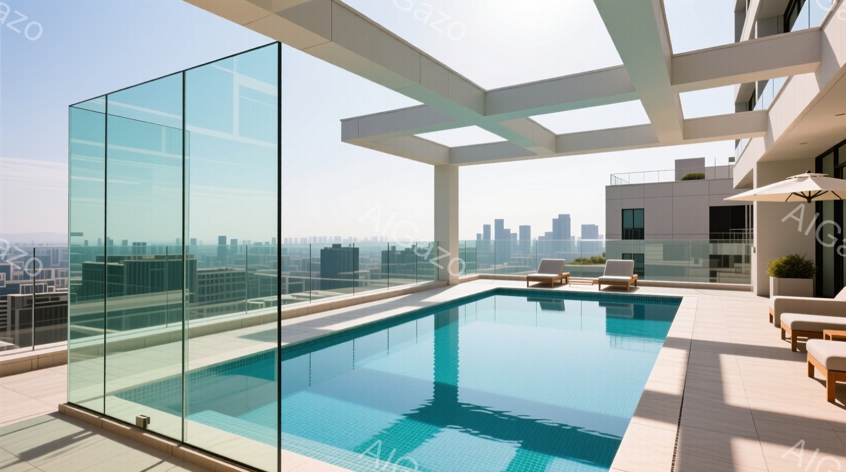 屋上プールが広がり、きらめく水面は周囲の摩天楼を映し出している。モダンな白いタイル張りのテラスには、2脚のラウンジチェアとパラソルが設置され、都市の喧騒から離れた静謐な空間を作り出している。晴れた空の下、遠くには山々が見え、都会のオアシスのような高級感漂う雰囲気が感じられる。