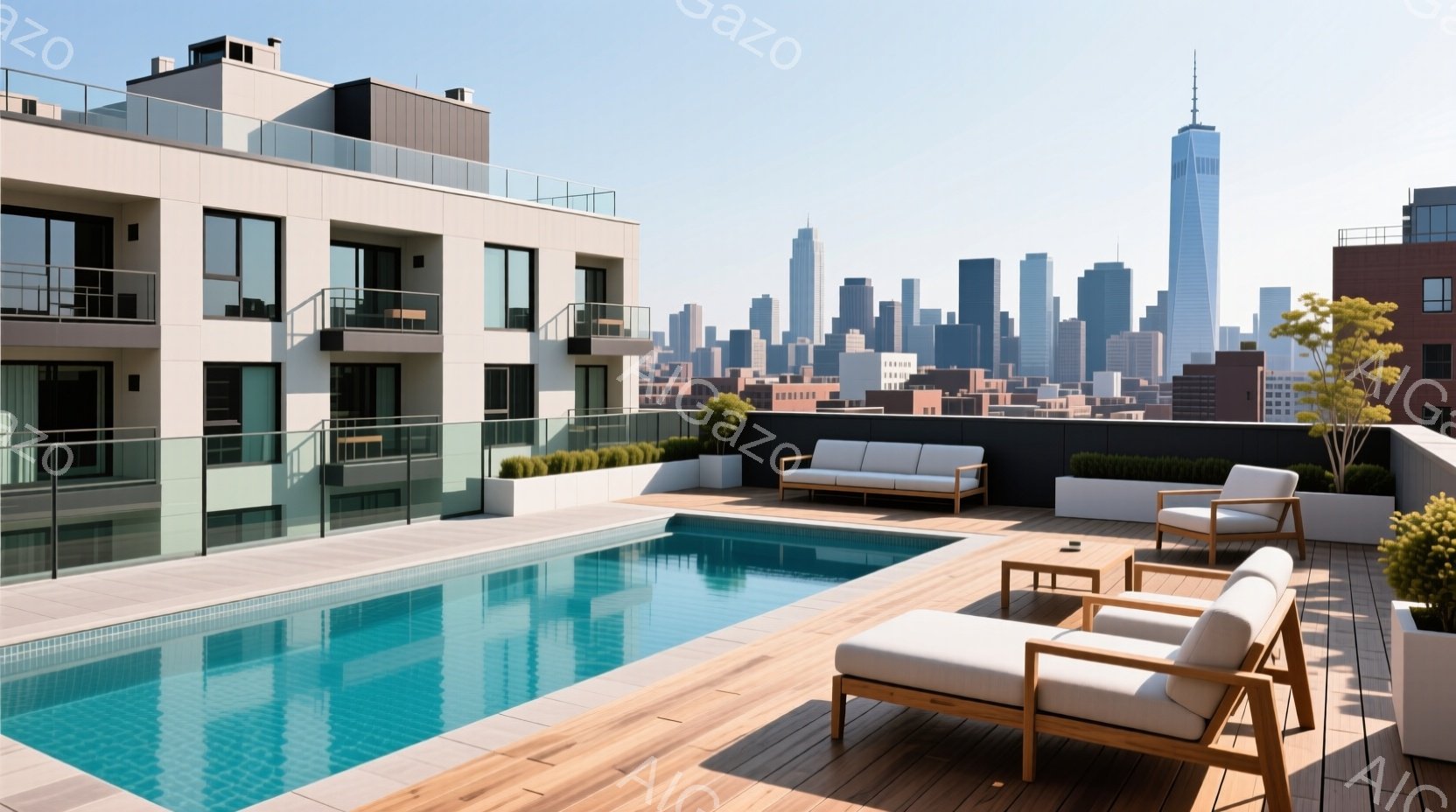 屋上プールとモダンな家具が配置された、高層ビルの屋上です。背景にはニューヨークのスカイラインが広がり、晴天の下、都会的な雰囲気が漂います。木製のデッキと青く輝くプールが高級感を演出し、リラックスした空間を演出しています。