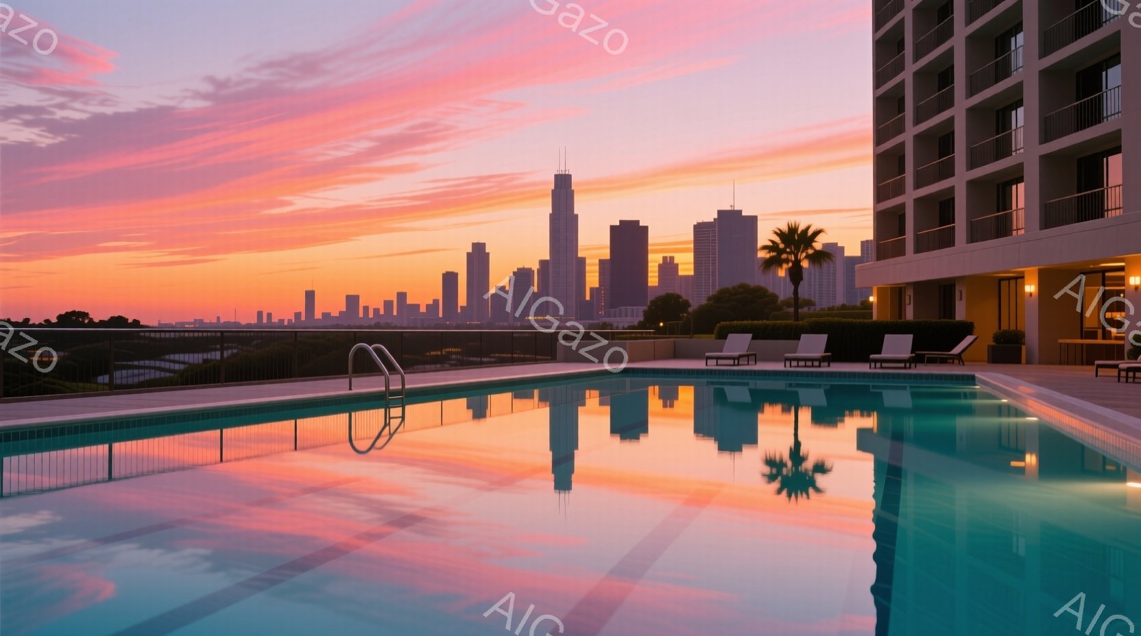 屋上プールが夕焼け空を映し出し、その水面には高層ビル群とヤシの木が逆さまに映り込んでいる。高層ビル群は夕焼けの色でオレンジ色とピンク色に染まり、水面に美しいコントラストを作り出している。プールサイドに - AI生成フリー素材