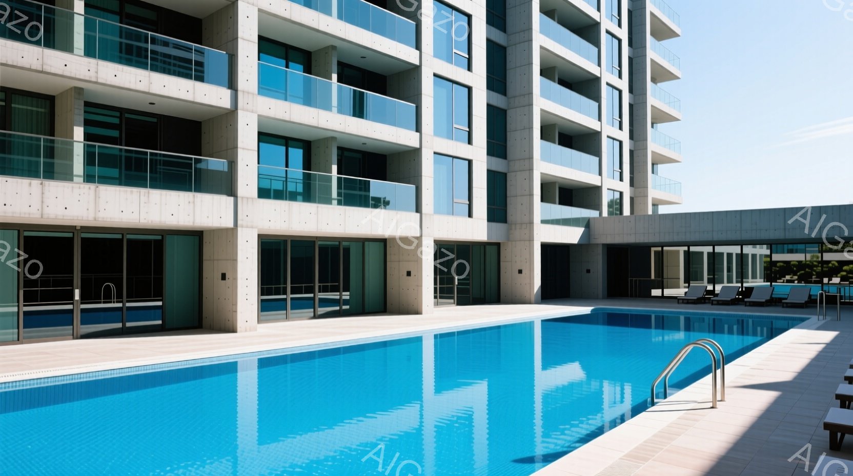 この画像は、青いタイル張りのプールと、モダンな高層マンションを写したものです。プールは晴れた日の光を反射して輝いており、周囲の白いタイル張りのテラスとコントラストをなしています。背景には、規則的に並んだ窓を持つコンクリートの建物があり、高級感と落ち着いた雰囲気を醸し出しています。
