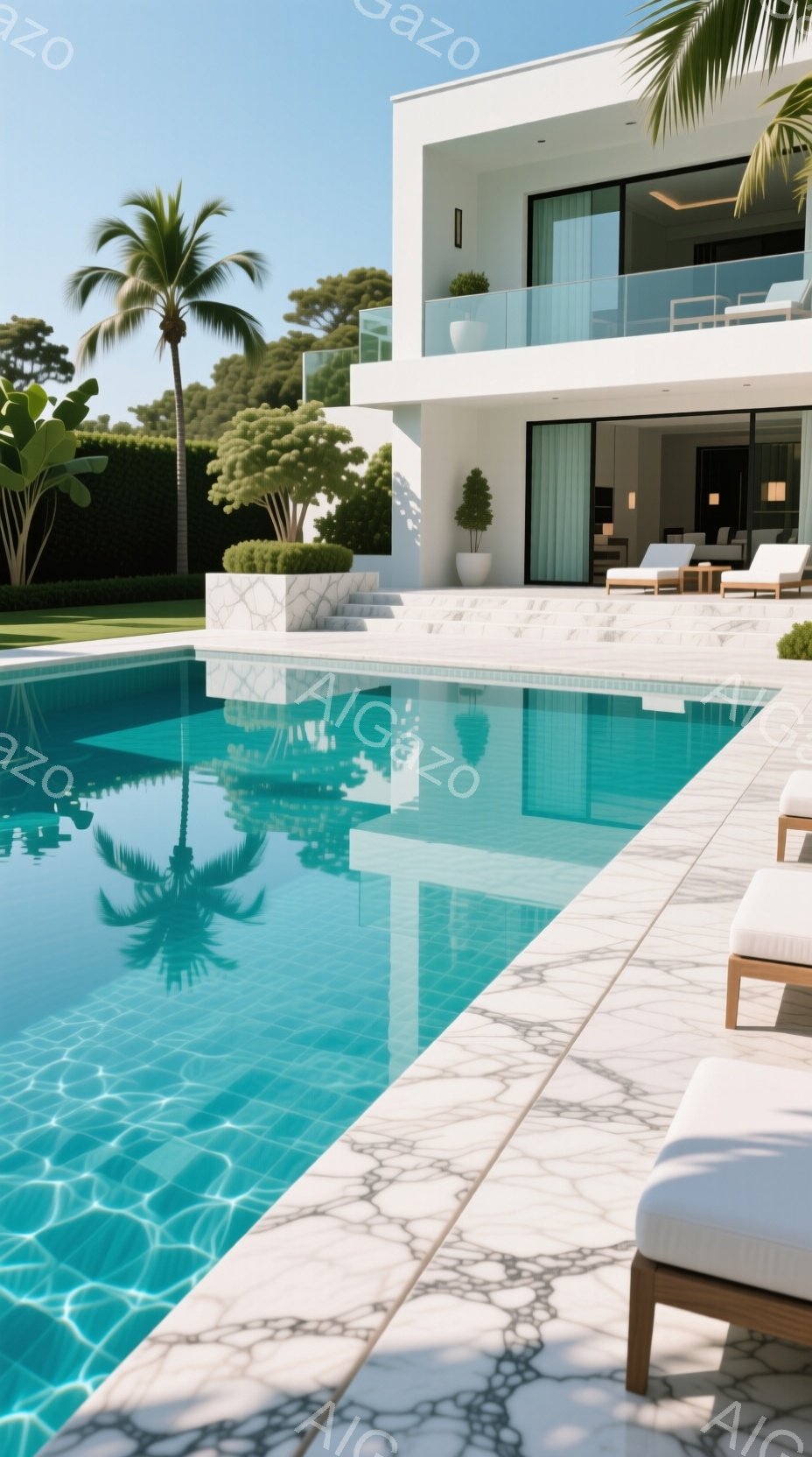 広大なプールが印象的な風景で、白と青のコントラストが美しいです。モダンな邸宅が背景にあり、手入れの行き届いた緑の芝生とヤシの木がリゾートのような雰囲気を醸し出しています。プールの水面は穏やかで、空とヤ - AI生成フリー素材