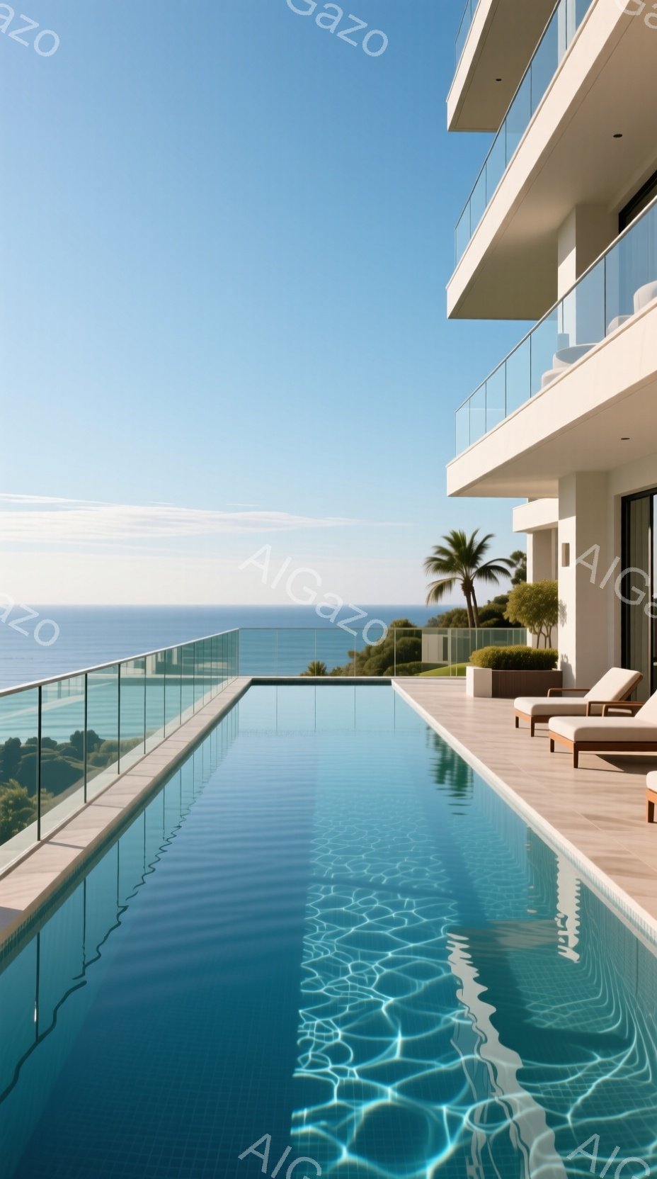 青い空と紺碧の海を望む、高級感あふれるインフィニティプールが印象的な写真です。プールの水面は穏やかに輝き、モダンな建物と緑豊かな自然が調和しています。太陽光が水面で反射し、リラックスした穏やかな雰囲気を醸し出しています。