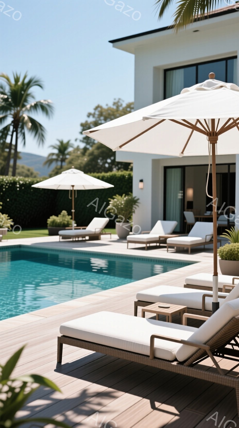 プールサイドには、日よけのパラソルとリクライニングチェアが並べられ、リラックスした雰囲気が漂っています。背景には白いモダンな建物と緑豊かな植生が見え、晴天の下、静かで穏やかな時間が流れている様子が伺えます。ウッドデッキの暖かい色合いとプールの青さが、さらにこの静寂な空間を強調しています。