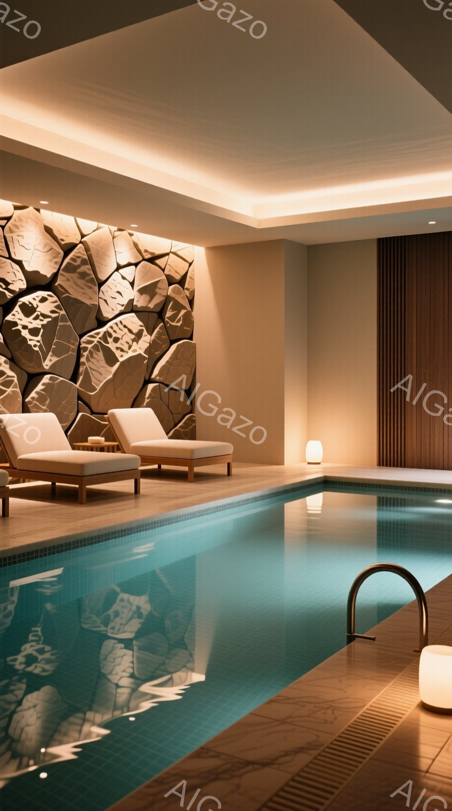 鮮やかなターコイズブルーのスイミングプールが印象的な室内空間です。壁面には、石のようなテクスチャの装飾が施され、モダンで落ち着いた雰囲気を醸し出しています。プールサイドには、木製のデッキチェアが配置され、リラックスした時間を過ごせる空間となっています。