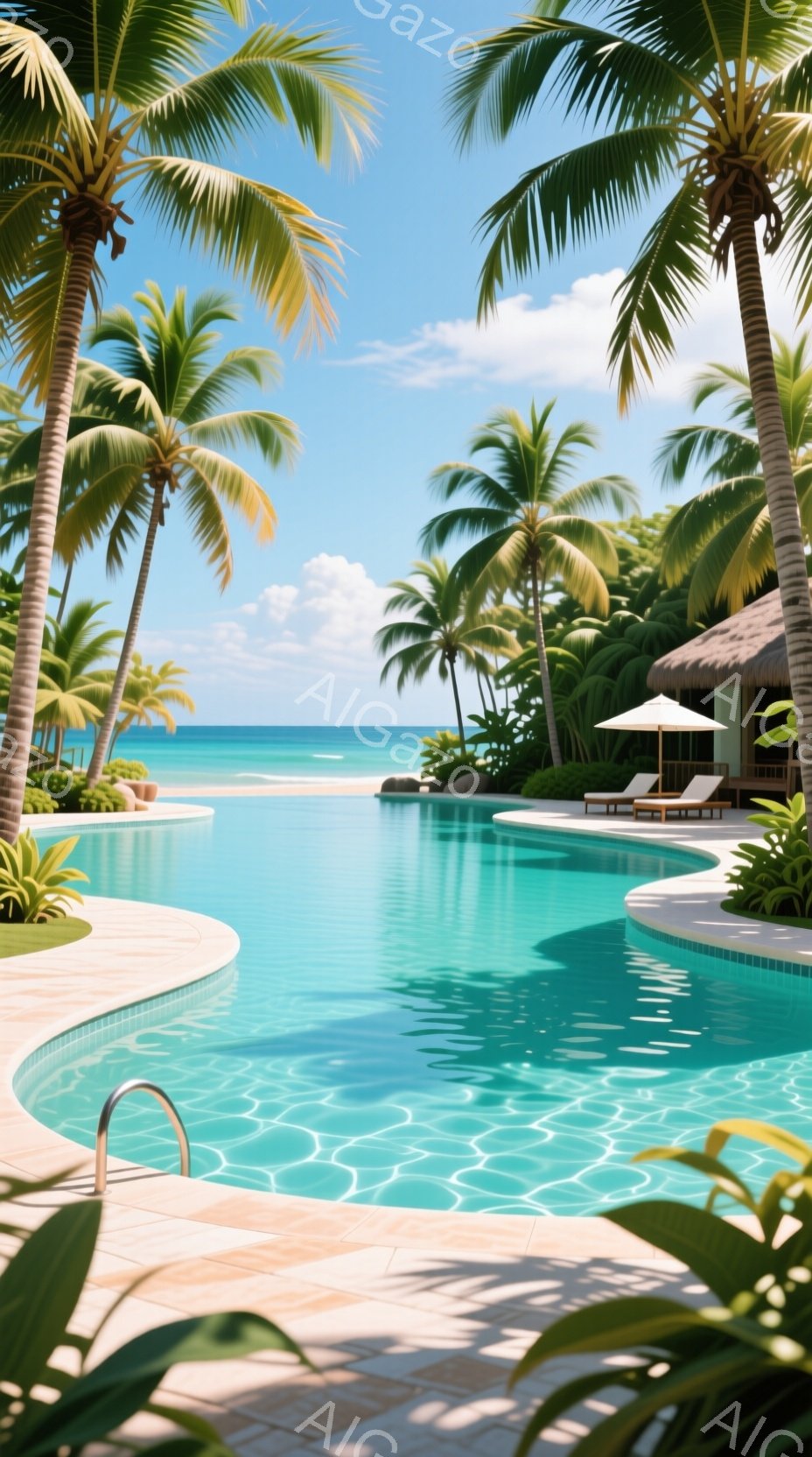 ターコイズブルーのプールが、白い砂浜と青い海を背景に広がっています。プールサイドには、日よけ付きのラウンジチェアがあり、遠くには草屋根の建物が見えます。ヤシの木が生い茂り、晴天の下、リラックスした南国 - AI生成フリー素材