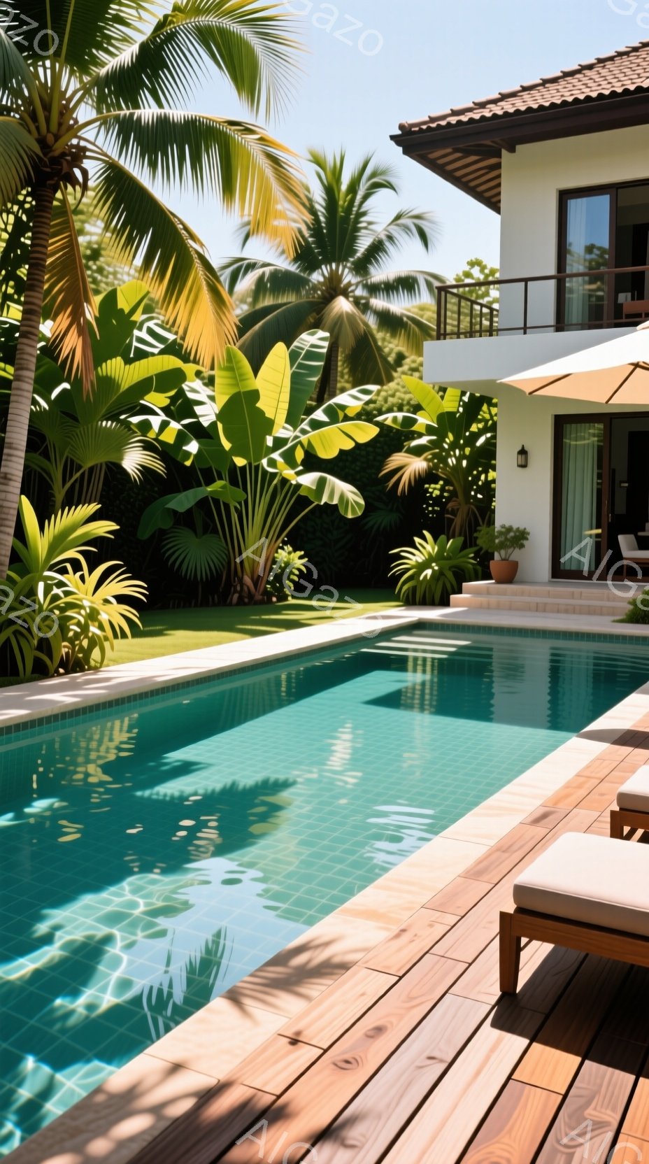 広々としたプールサイドには木製のデッキが敷かれ、日差しが照りつけています。背景には緑豊かな植物と白壁の建物が見え、リゾートのような穏やかな雰囲気を醸し出しています。水面は太陽光を反射し、キラキラと輝き、プールのタイルは鮮やかなブルーで統一感があります。