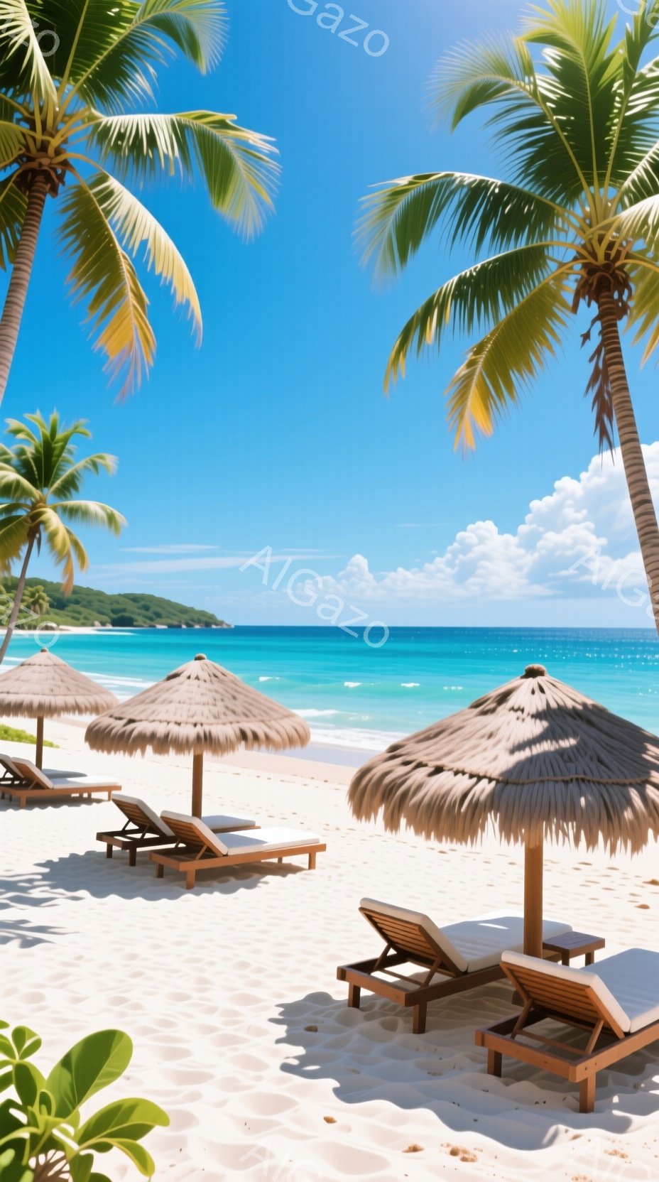 白砂のビーチに、藁葺き屋根のパラソルとデッキチェアが並んでいる。背景にはターコイズブルーの海と白い波が広がり、遠くには緑豊かな丘が見える。晴天で穏やかな風が吹き、リラックスした穏やかな雰囲気が漂っている。