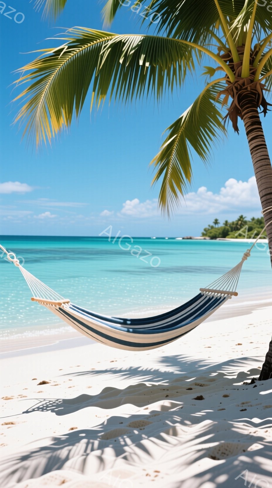 白砂のビーチに、青と白のストライプが特徴的なハンモックが吊るされています。エメラルドグリーンの海と青空が広がり、ヤシの木の影がハンモックに落ちています。静かで穏やかな雰囲気で、リラックスした休暇の時間を連想させます。