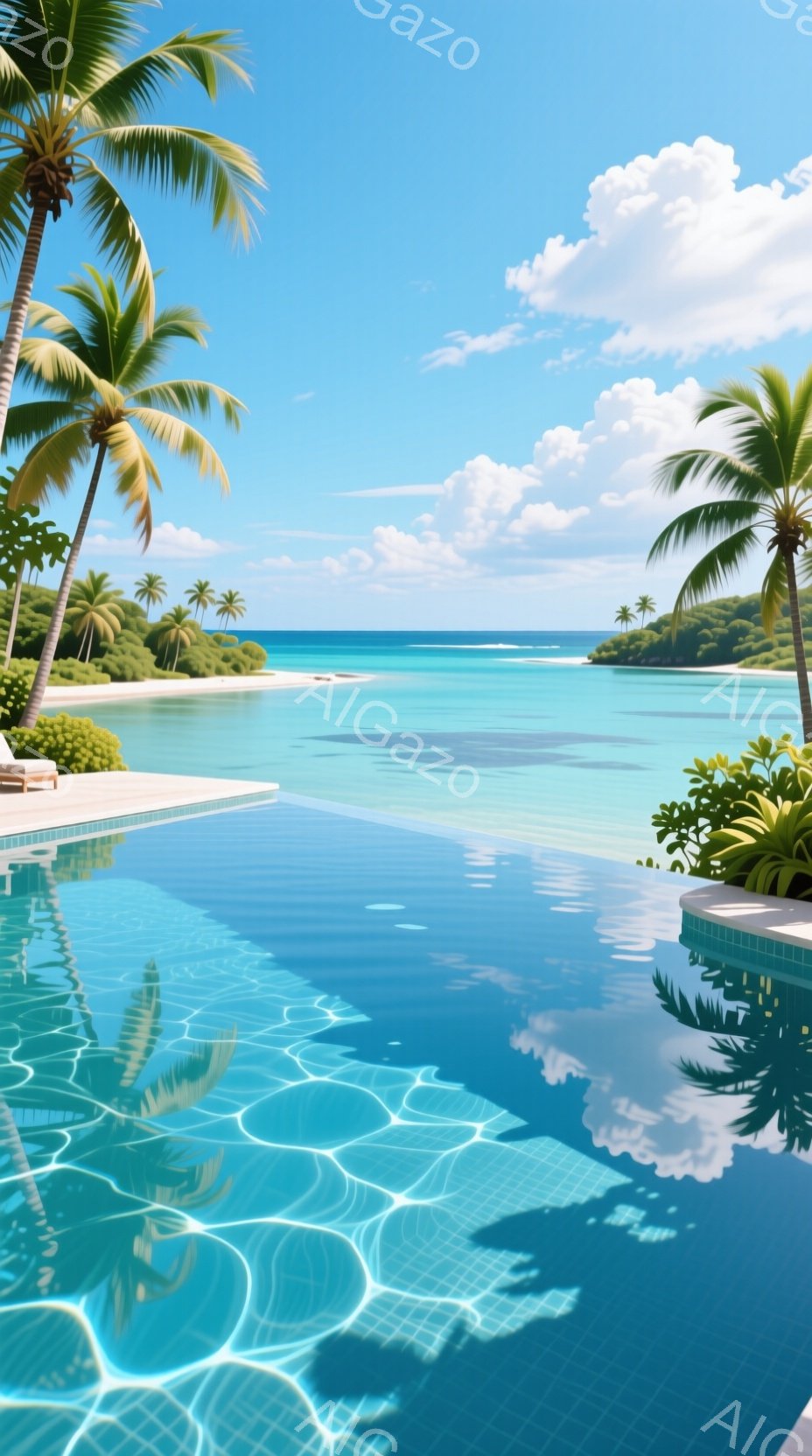 エメラルドグリーンの海と澄んだ青いプールが印象的な風景です。プールからはヤシの木が生い茂る白い砂浜と青い空が映り込み、穏やかでリラックスした雰囲気を醸し出しています。背景には緑豊かな丘が広がり、晴天と美しい自然が調和した、楽園のような空間が広がっています。