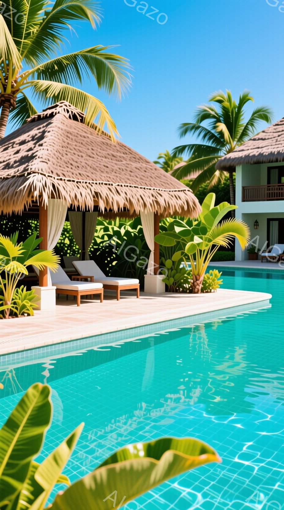 広大なプールサイドには、茅葺屋根のパラソルとリラックスチェアが設置され、熱帯植物が生い茂っています。背景には白壁の建物が見え、青空と太陽光が降り注ぎ、リゾートのような静かで優雅な雰囲気が漂っています。水面はきらきらと輝き、美しい青色を反映し、穏やかな夏の日の情景が広がります。
