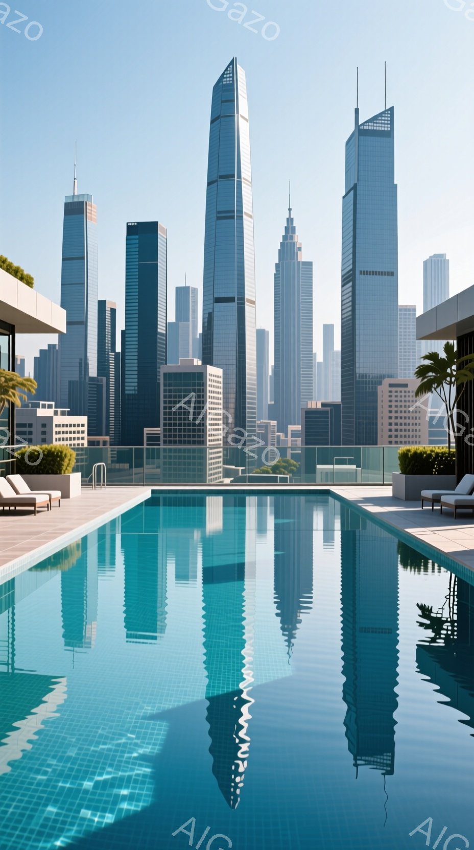 広大なプールが画面の中心にあり、その水面には近未来的な高層ビル群が鮮明に映り込んでいる。プールの縁にはモダンな白いラウンジチェアが配置され、手入れの行き届いた緑が生い茂っている。晴天の下、高層ビル群が青空にそびえ立ち、都会的で洗練された雰囲気を醸し出している。