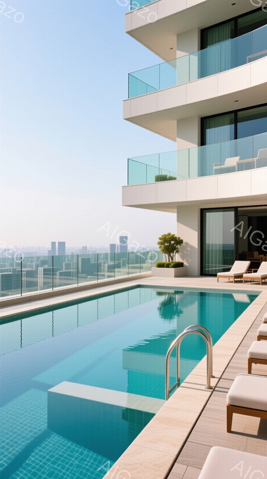 高層ビルの屋上にあるインフィニティプールが印象的な光景です。プールの水は澄みきっており、周囲の街並みを映し出しています。モダンなデザインのデッキチェアが並び、リラックスした雰囲気が漂っています。