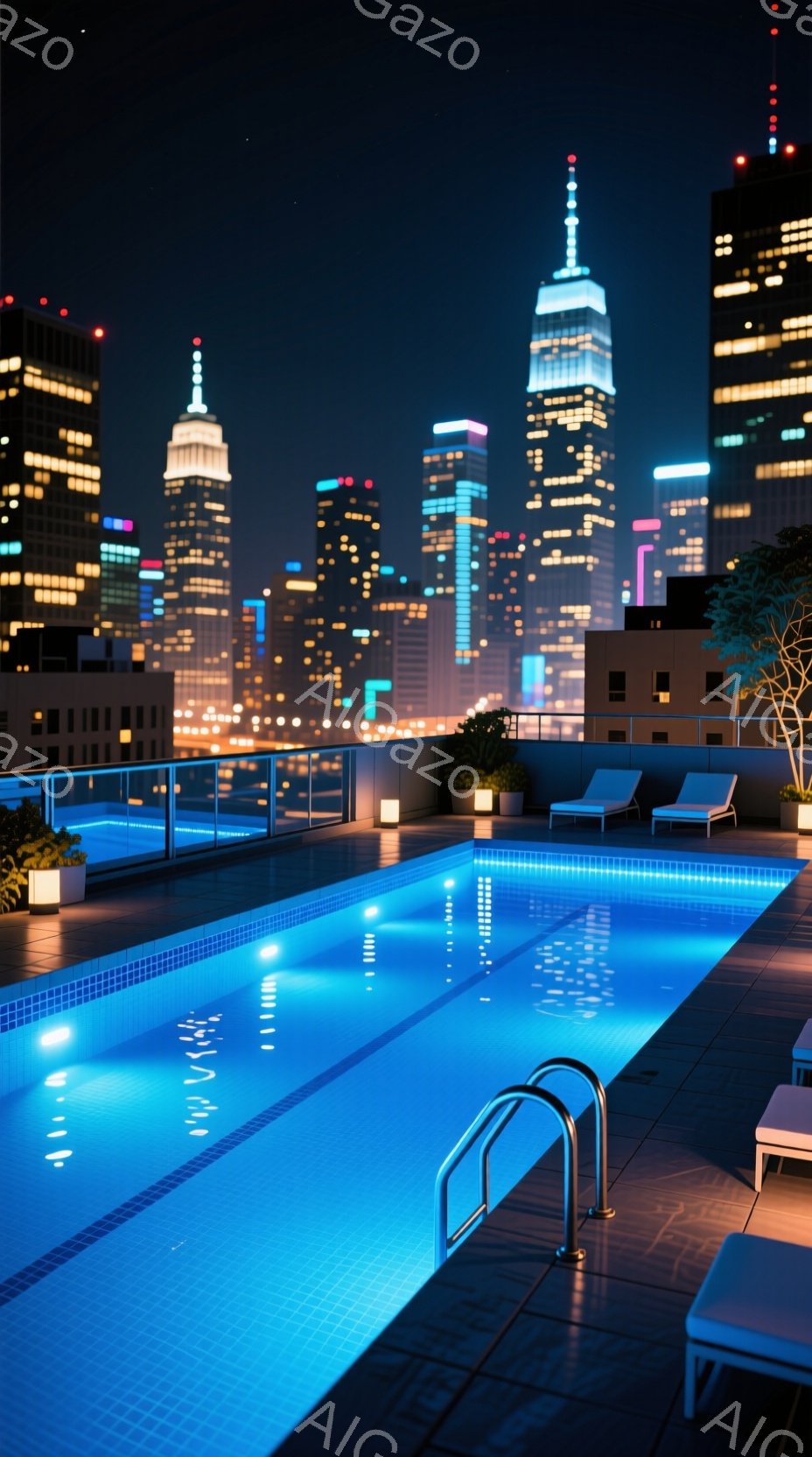 夜景を背景にした屋上のプールが印象的な画像です。プールの水は青くライトアップされており、周囲のビル群の光と美しく調和しています。モダンなデザインのデッキチェアや植物が配置され、都会的で洗練された雰囲気を醸し出しています。