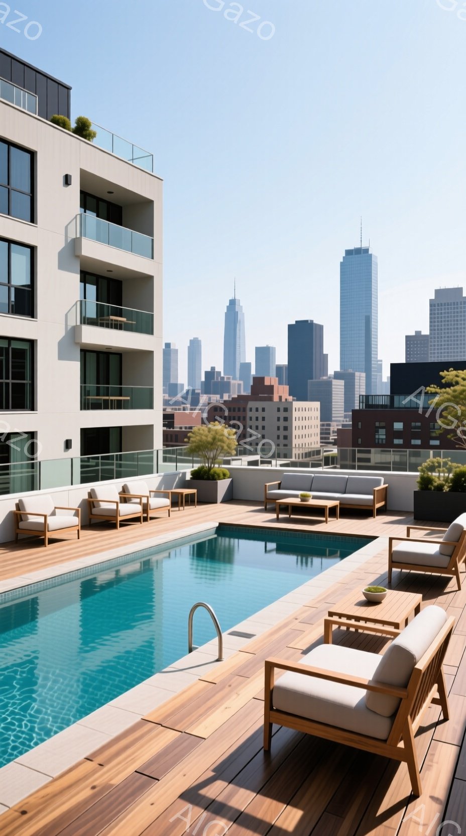 屋上プールとその周辺が写っており、モダンな建築と都市の景観が広がっています。木製のデッキに配置されたラウンジチェアは、リラックスした雰囲気を醸し出し、背景には高層ビル群が青空に浮かび上がっています。プールはターコイズブルーで、水面は穏やかで、都会の中のオアシスのような空間を演出しています。