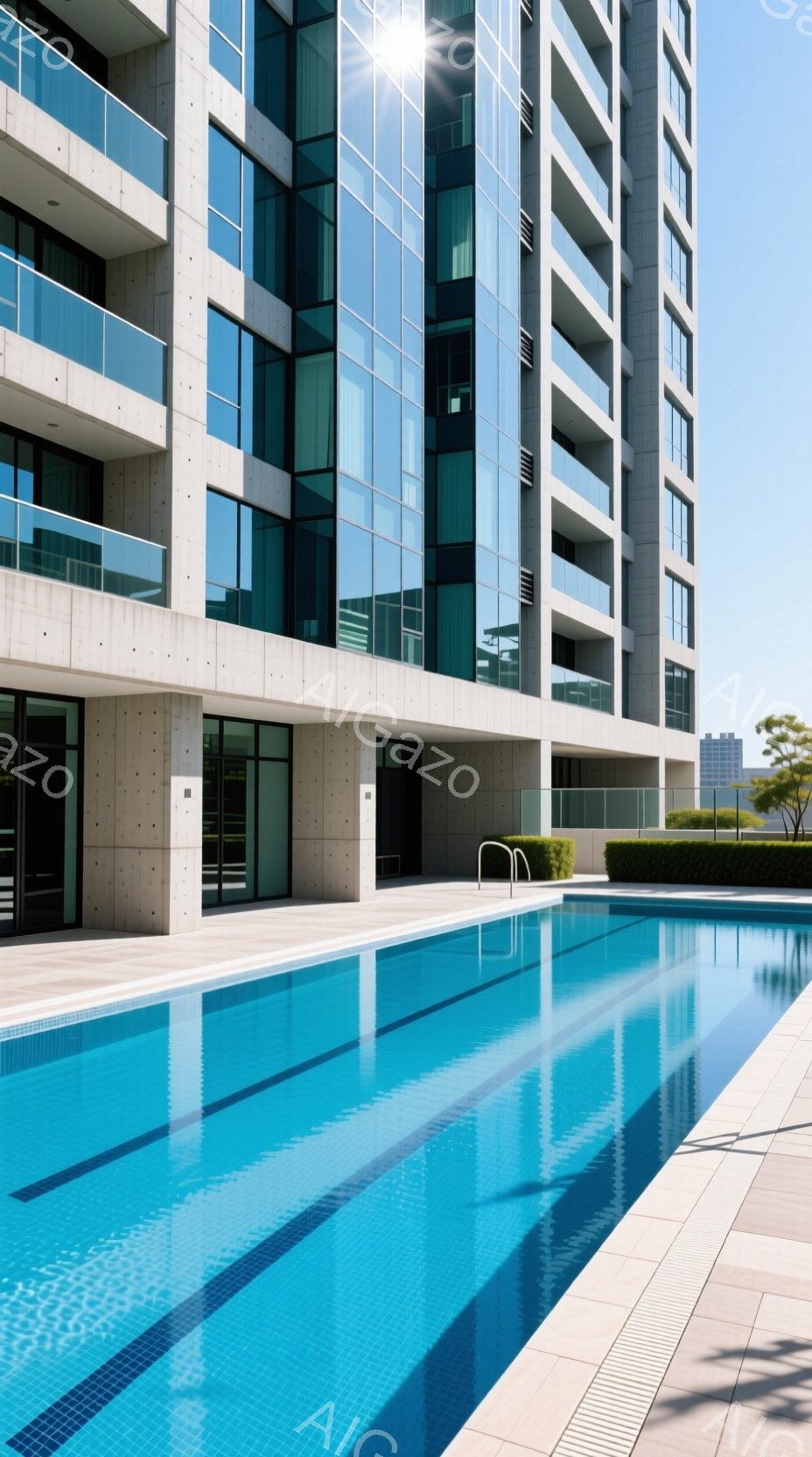 鮮やかな青色のスイミングプールが、高層の近代的な建物に隣接して広がっています。プールの水面は太陽光を反射し、きらきらと輝いており、白とグレーの建物は整然とした線で構成されています。背景には緑の植物が見え、晴れた空の下、静かでリラックスした雰囲気を醸し出しています。