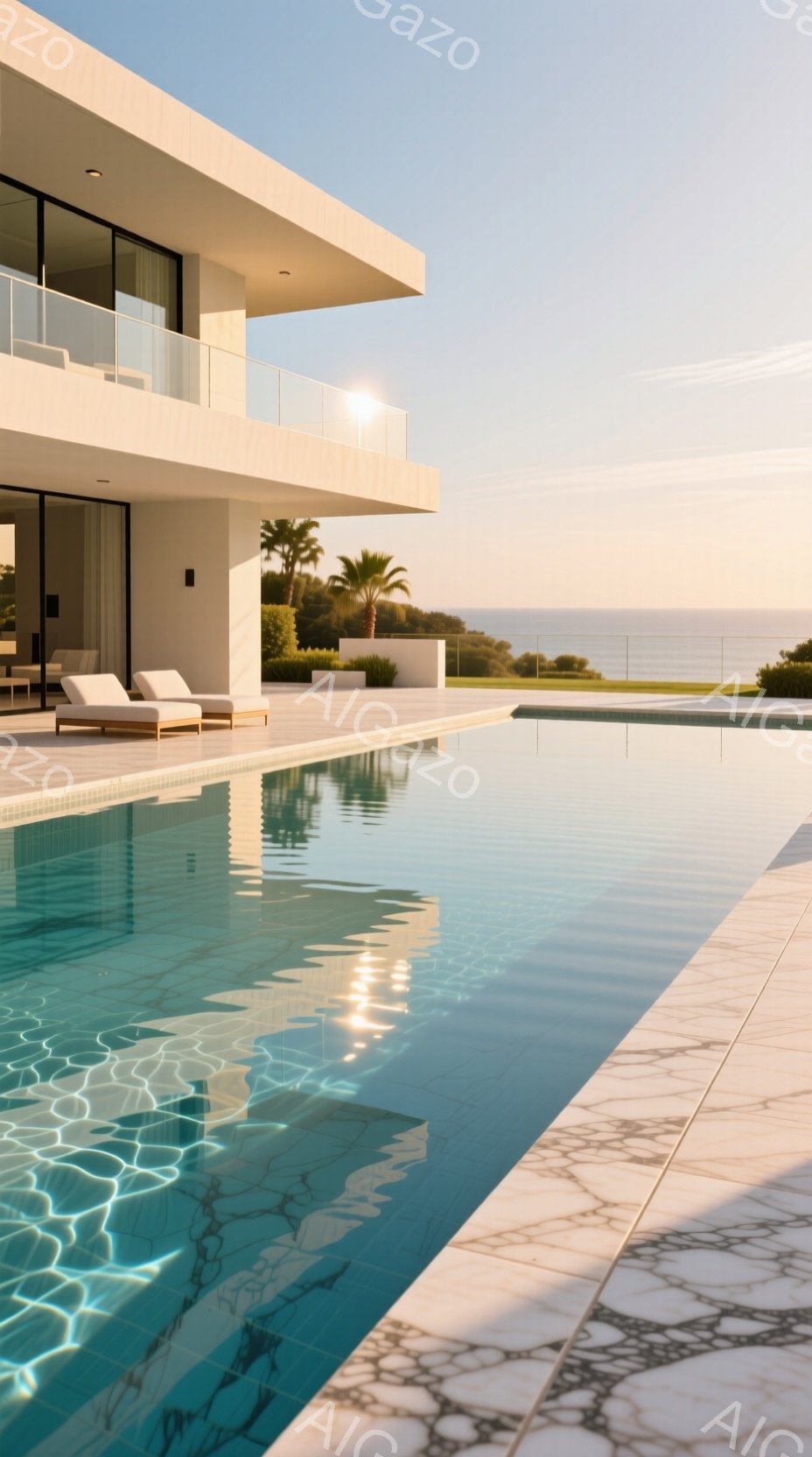 広大なプールはターコイズブルーの色合いで、水面には太陽光が反射してキラキラと輝いている。モダンな白い建物はプールの横にそびえ立ち、その構造はミニマルで洗練されている。背景には青い海と緑豊かな丘陵地帯が - AI生成フリー素材