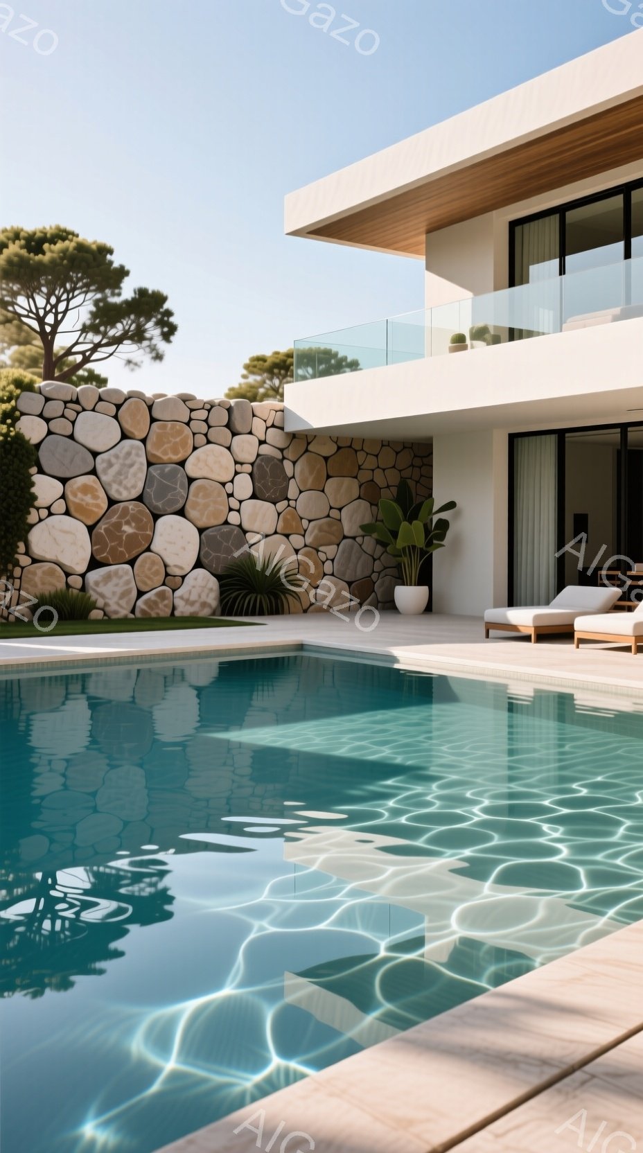 青いプールの水面には光の模様が映り込み、穏やかな水面が広がっている。背景には石造りの壁とモダンな建物があり、白いラウンジチェアが設置されている。晴天の下、自然と調和したリラックスした雰囲気の空間が表現 - AI生成フリー素材
