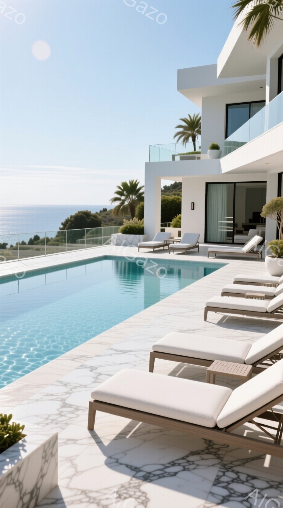 広大な青いプールサイドには、白いリクライニングチェアが整然と並べられています。背景にはモダンな白い建物と青い海が広がり、晴天の空の下でリラックスした雰囲気を醸し出しています。大理石のようなタイルの床と緑の植生が、洗練されたリゾートの雰囲気をさらに高めています。