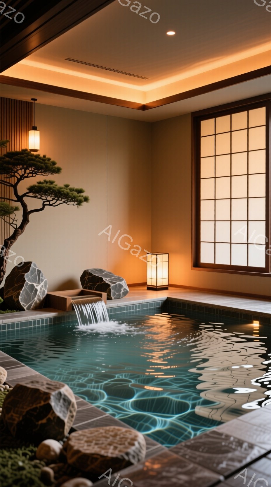 室内には、落ち着いた青色の湯船が中央に配置されており、滝のような水流が特徴的です。暖色系の照明と、障子戸の柔らかな光が、湯船の水面に反射し、穏やかな雰囲気を醸し出しています。湯船の周囲には岩が配置され - AI生成フリー素材