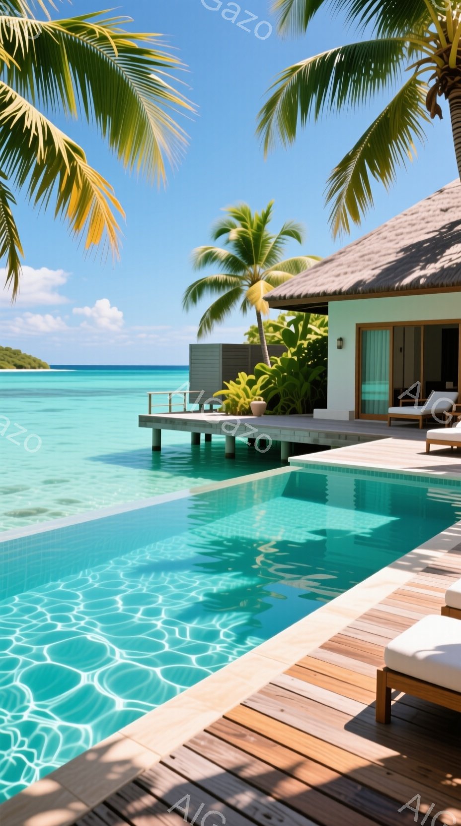 エメラルドグリーンの海に面した、豪華な水上コテージのプライベートプールが写っている。木製のデッキには、白いクッションが置かれたラウンジチェアがあり、その奥には緑豊かな植生とモダンな建物が見える。晴れた空と穏やかな海が、リラックスした贅沢な雰囲気を醸し出している。