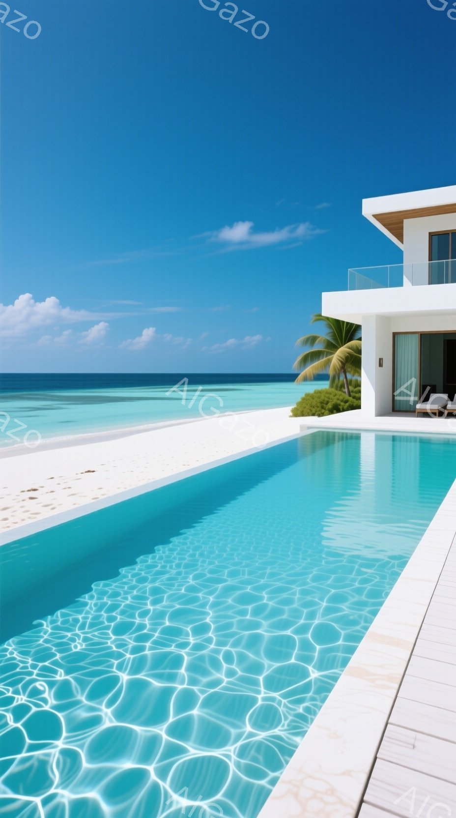 エメラルドグリーンの透き通ったプールが、白いタイルの縁取りで強調され、砂浜と青い海へと繋がっている。モダンな白い建物がプールの隣に立っており、ヤシの木が熱帯の雰囲気を醸し出している。晴天の下、太陽の光 - AI生成フリー素材