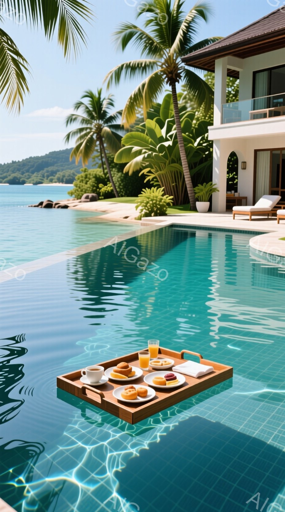エメラルドグリーンのプールの中に、朝食が乗った木製のトレイが浮かんでいる。背景には白いモダンな建物と、青い海、そしてヤシの木々が広がり、晴天の穏やかなリゾートの雰囲気を醸し出している。水面の光の反射が - AI生成フリー素材