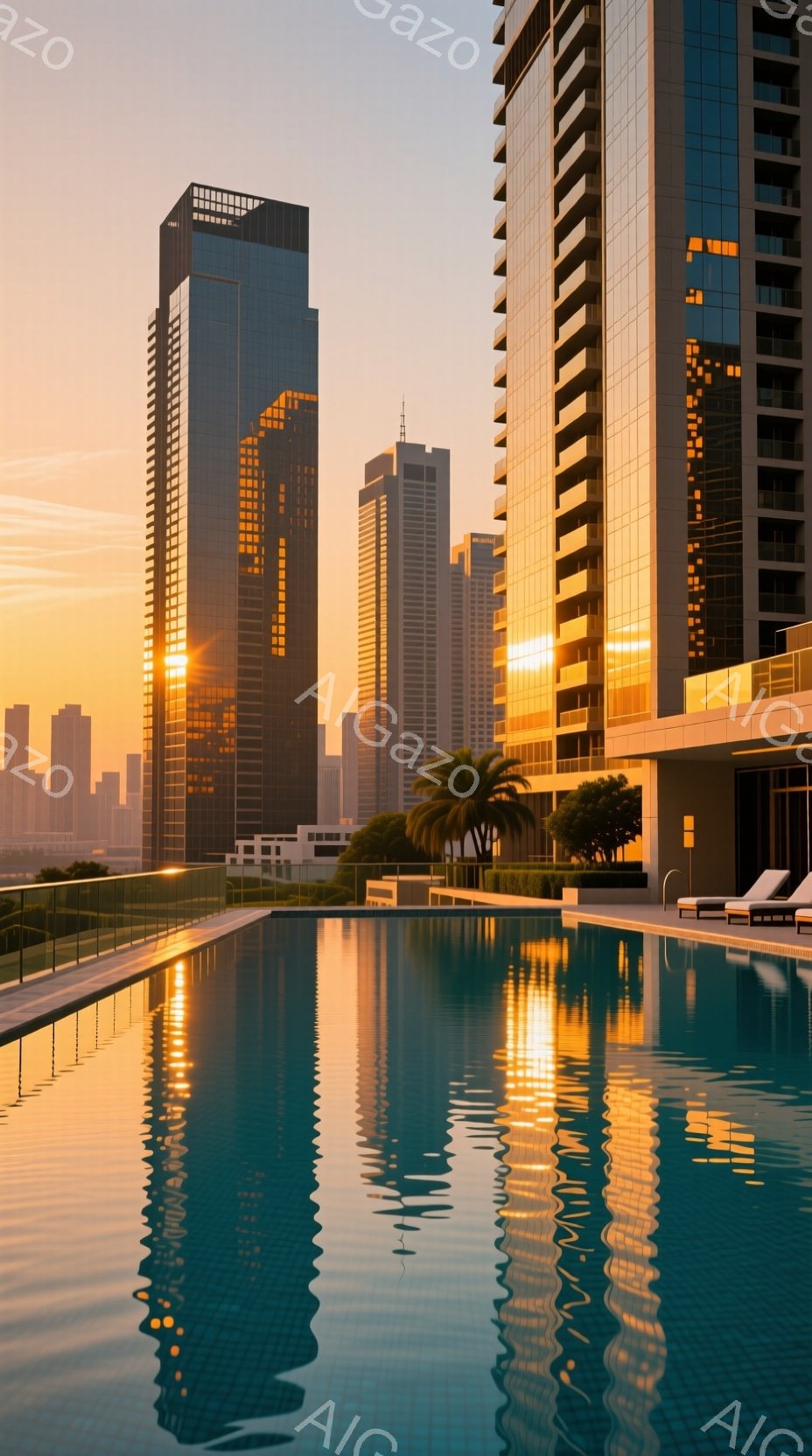 この画像は、夕暮れ時のドバイのプールサイドの風景を描いています。高層ビル群が夕日に照らされ、プールの水面にその美しい反射が映り込んでいます。ヤシの木がシルエットとなり、リゾート地らしい穏やかで贅沢な雰囲気を醸し出しています。